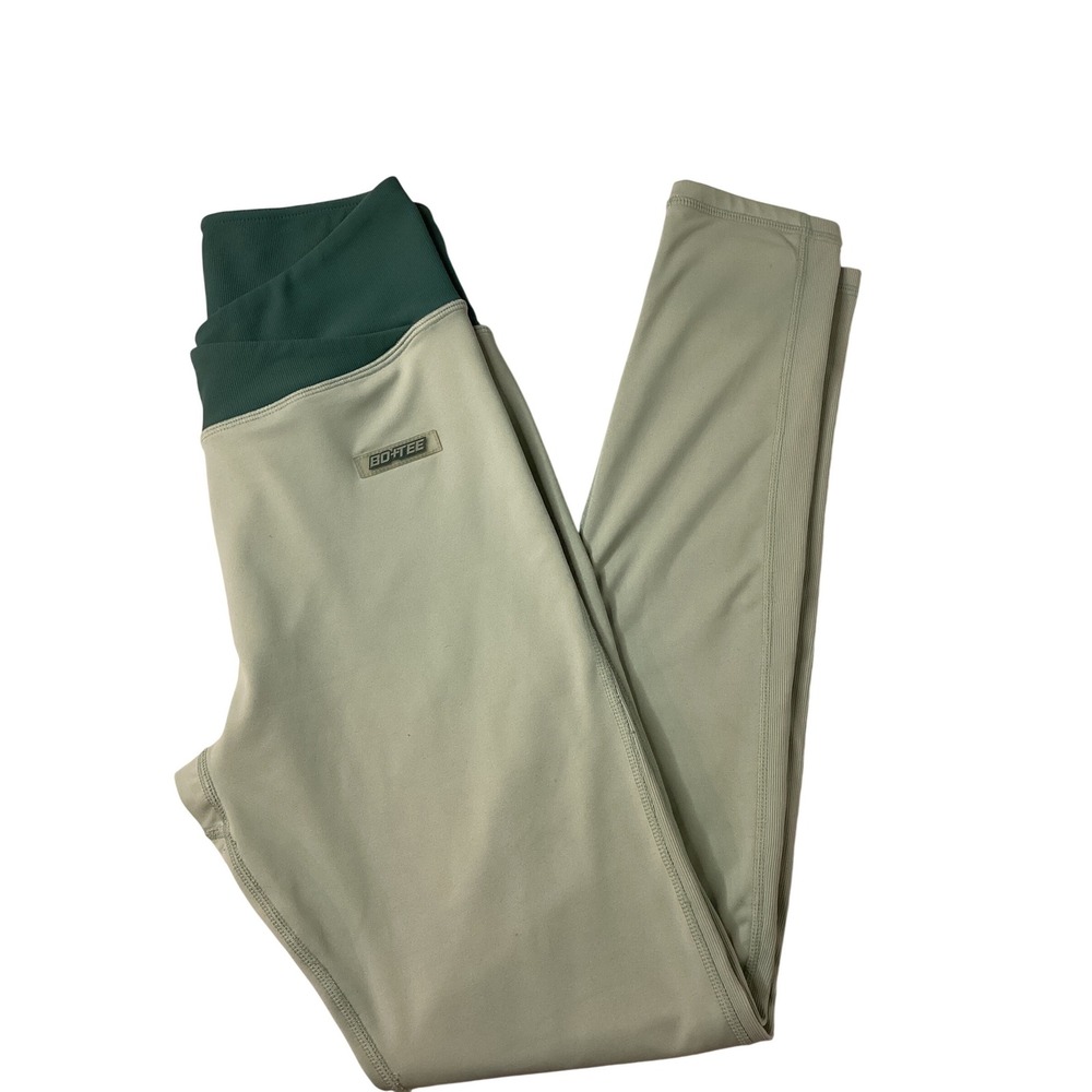 Bo+Tee Two Tone Sage Forest Green Crossover Ribbed Waistband Leggings Medium